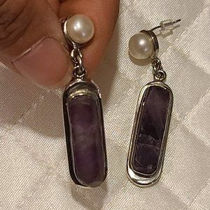 Raw amethyst and pearl earrings
